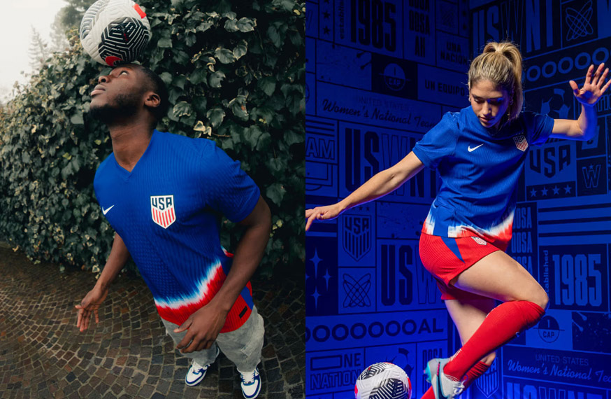Male soccer player balancing soccer ball on head while wearing USA away jersey on left and female soccer player kicking soccer ball while wearing USA away jersey on right.